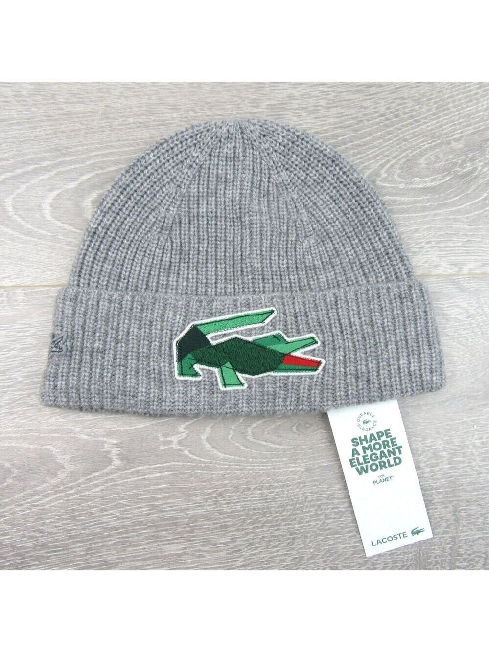 Lacoste Crocodile Big Patch Grey Wool Beanie Cap One Size NEW - Picture 2 of 13